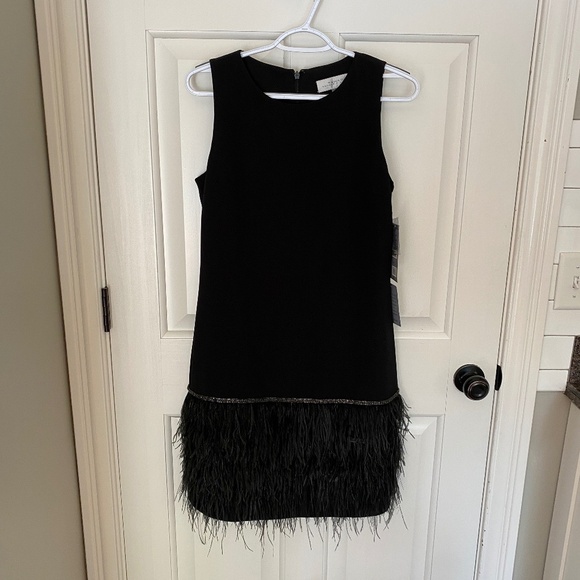 New! Tahari ASL Embellished Feather-Hem Sheath Dress/Black nwt 33917 - Picture 3 of 12